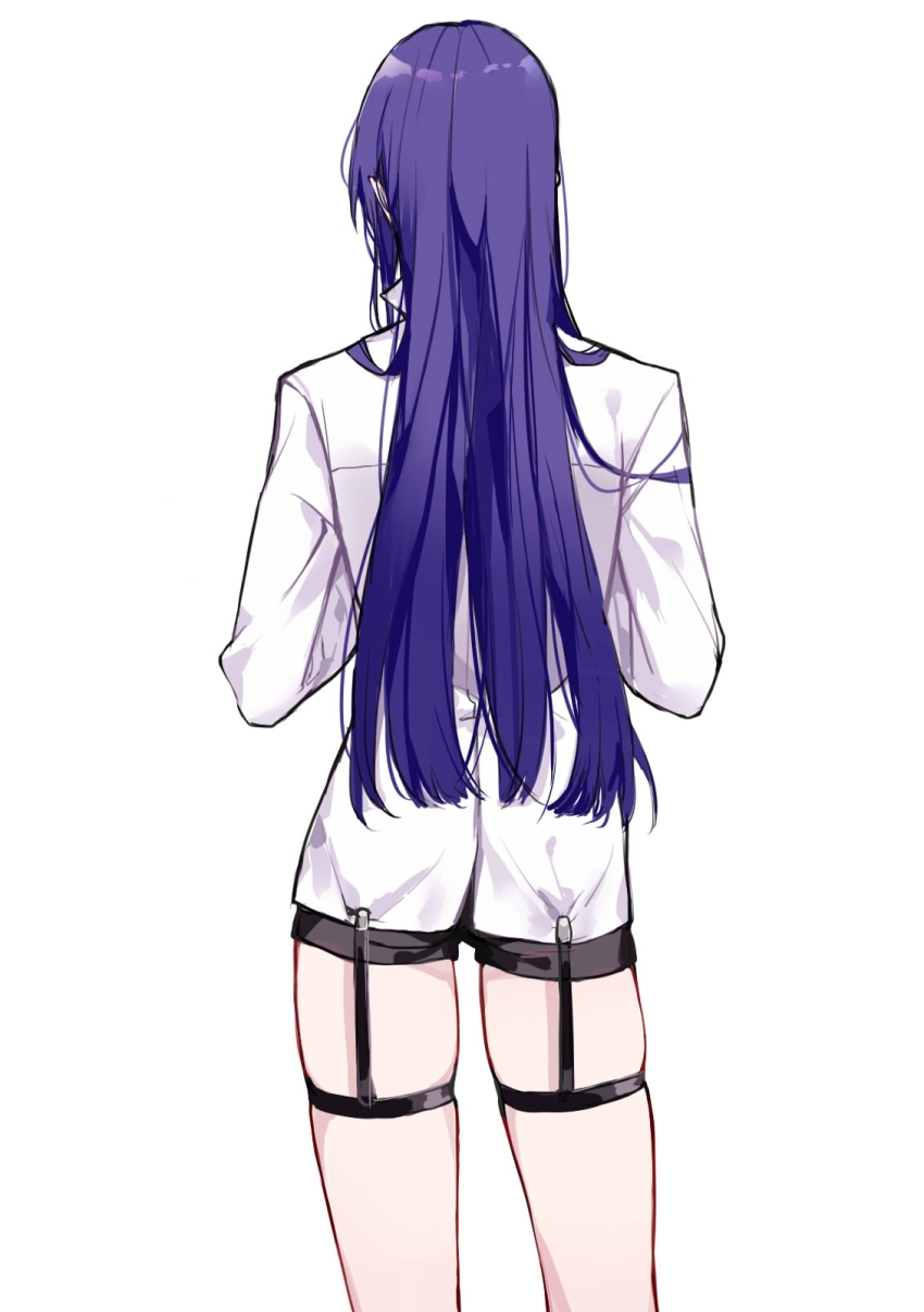 1boy, alternate_costume, androgynous, ass, black_shorts, blunt_ends, frilled_thigh_strap, collared_shirt