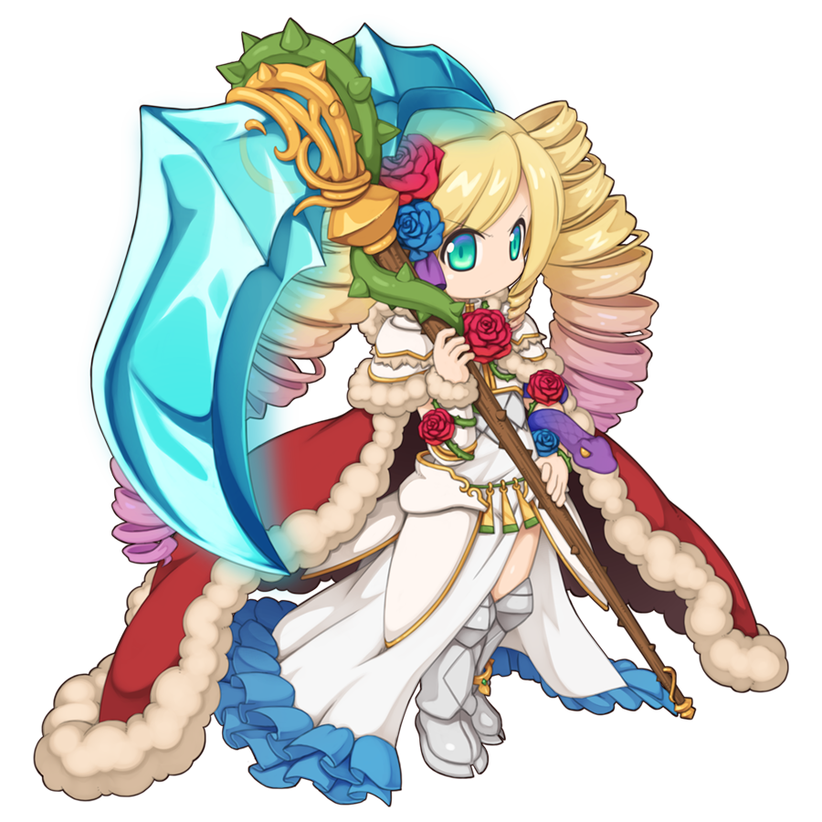 1girl, armored_boots, blonde_hair, blue_flower, blue_rose, boots, cape, chibi