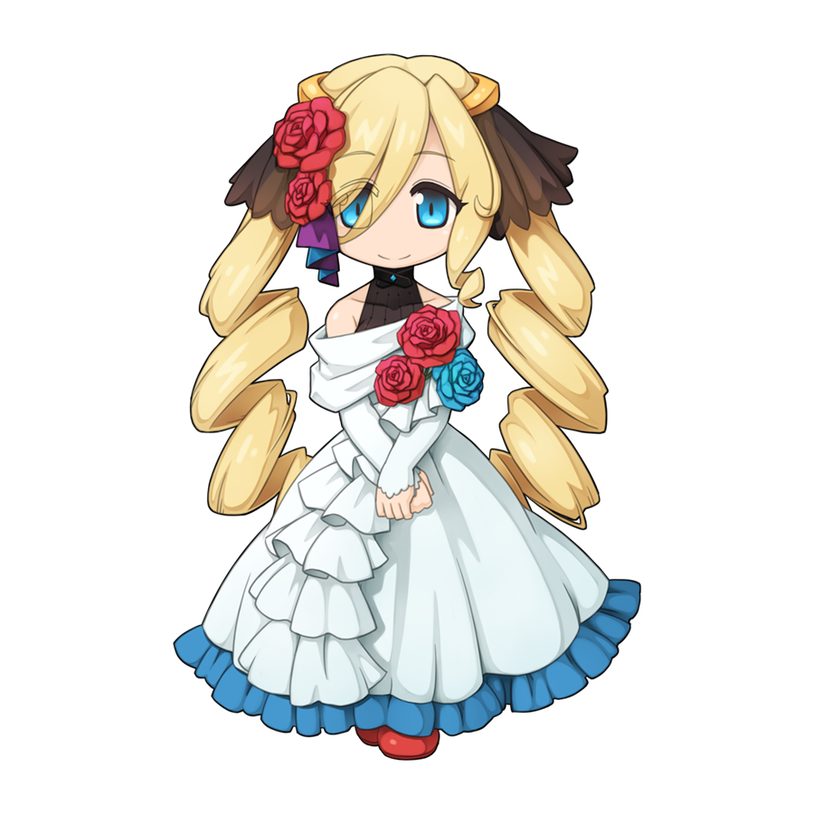 1girl, black_bow, black_shirt, blonde_hair, blue_flower, bow, chibi, chibi_only