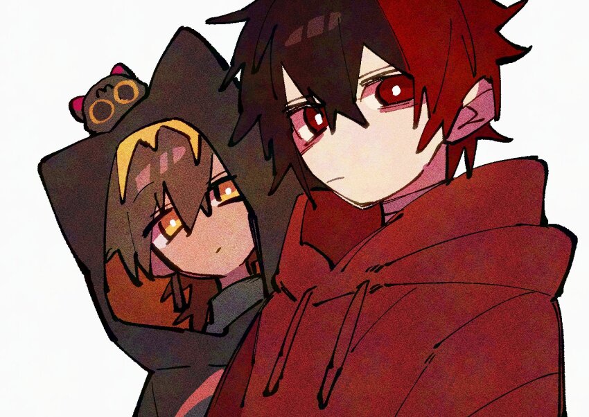 2boys, animal_hood, black_hair, black_jacket, blonde_hair, brown_hair, cat_hood, hizen_tadahiro