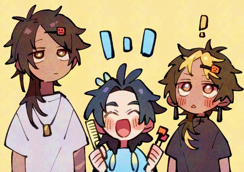 3boys, black_shirt, blonde_hair, blue_shirt, blush, comb, hair_ornament, hairclip