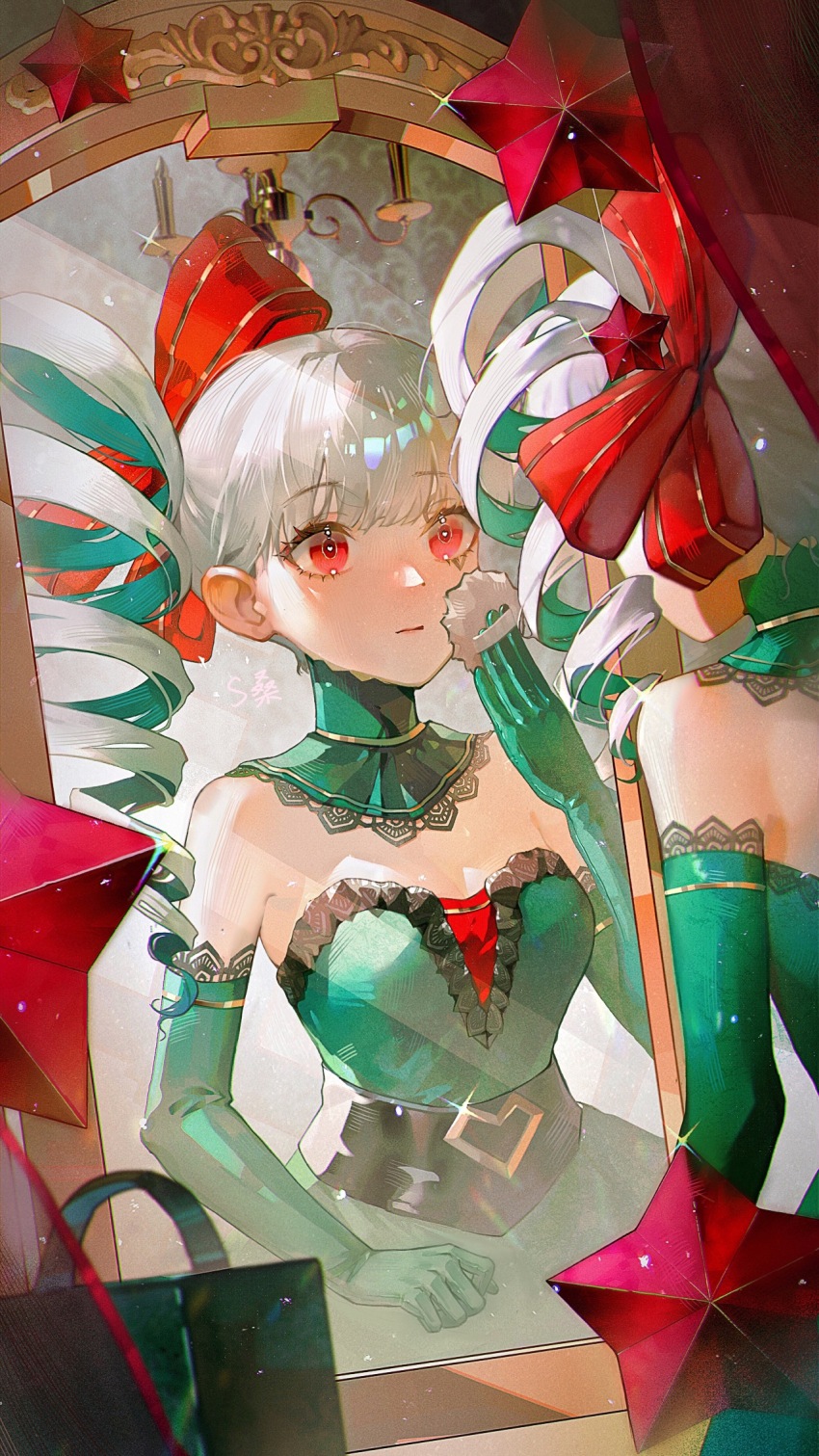 1girl, applying_makeup, applying_own_makeup, bare_shoulders, blunt_bangs, bow, breasts, colored_inner_hair