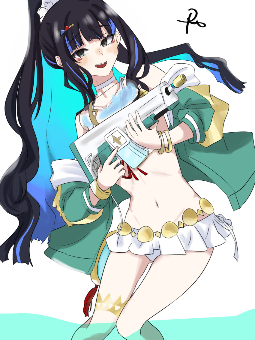 1girl, bare_shoulders, belly_chain, black_hair, blue_hair, breasts, choker, colored_inner_hair