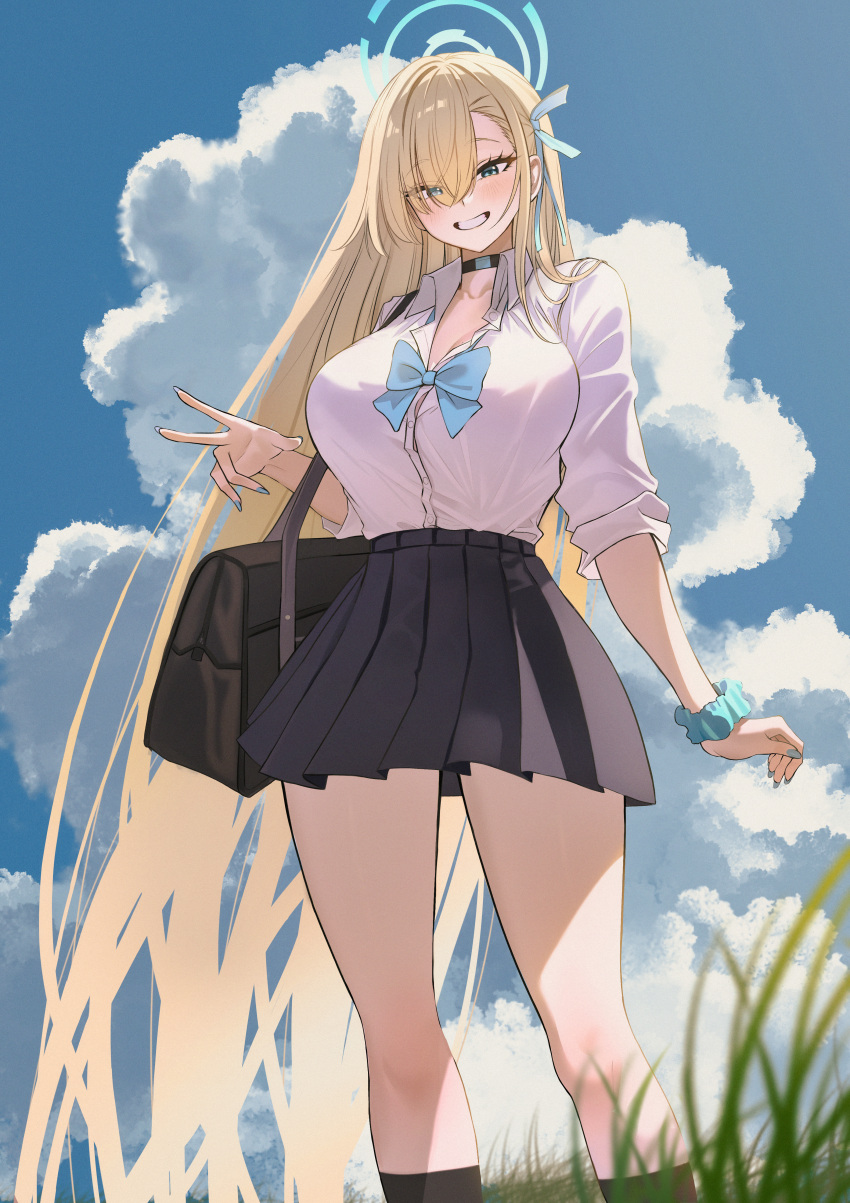1girl, absurdly_long_hair, absurdres, aqua_bow, aqua_bowtie, asuna_(blue_archive), asymmetrical_bangs, black_skirt