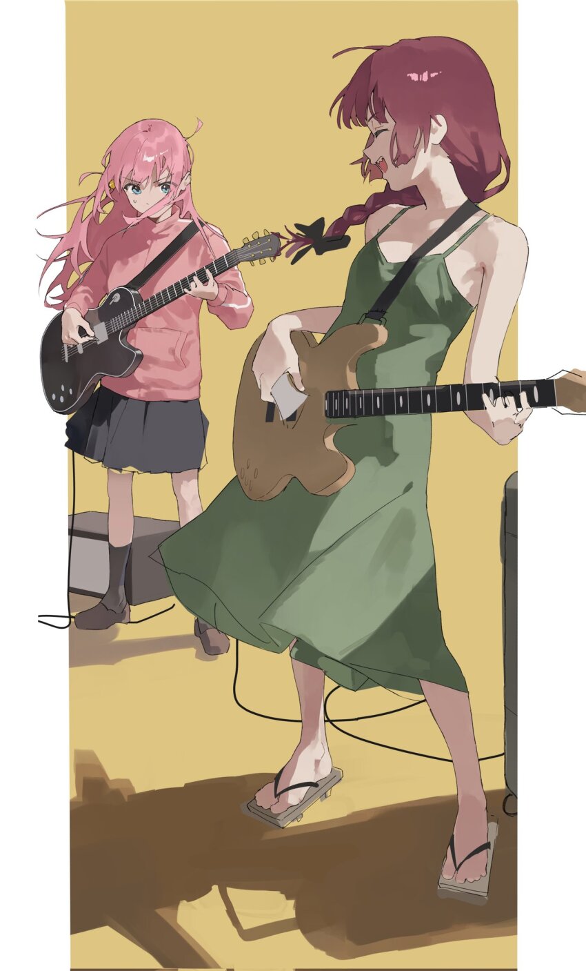 2girls, :d, bass_guitar, bocchi_the_rock!, braid, cable, closed_eyes, dress, electric_guitar, ericx_gasi, gotoh_hitori, green_dress, guitar, highres, hiroi_kikuri, holding, holding_instrument, holding_plectrum, instrument, jacket, long_hair, looking_down, multiple_girls, music, open_mouth, pillarboxed, pink_hair, pink_jacket, playing_bass_guitar, playing_instrument, plectrum, sandals, shoes, skirt, sleeveless, sleeveless_dress, smile, socks, standing, sweatdrop, yellow_background