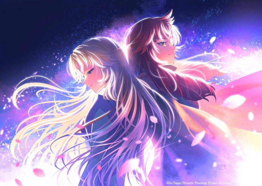 2girls, blonde_hair, breasts, brown_eyes, closed_mouth, company_name, copyright_notice, dress