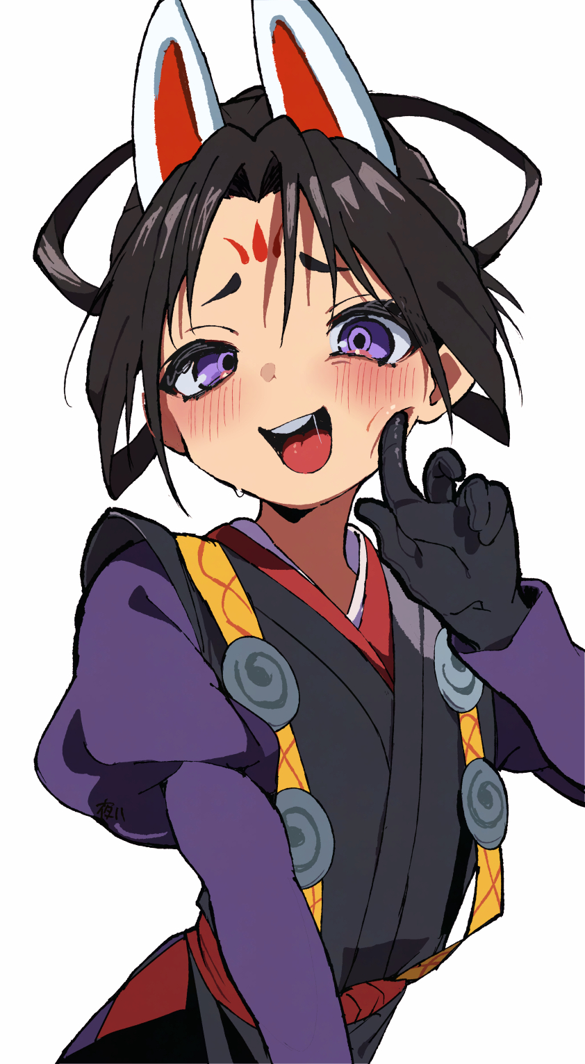 1boy, :d, animal_ears, black_gloves, black_hair, black_kimono, blush, bow-shaped_hair