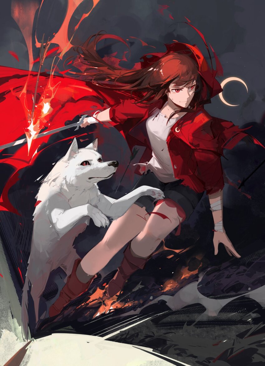 1girl, animal, animification, brown_hair, cape, commentary, crescent_moon, double_life_smp, english_commentary, full_body, hermitcraft, hermitcraft_tcg, highres, holding, holding_sword, holding_weapon, hood, hood_up, long_hair, minecraft_youtube, moon, official_alternate_costume, official_art, pearlescentmoon, pearlescentmoon_(5am), red_cape, red_eyes, sevenchi, solo, standing, sword, tilly_(double_life_smp), traffic_life_series, weapon, wolf