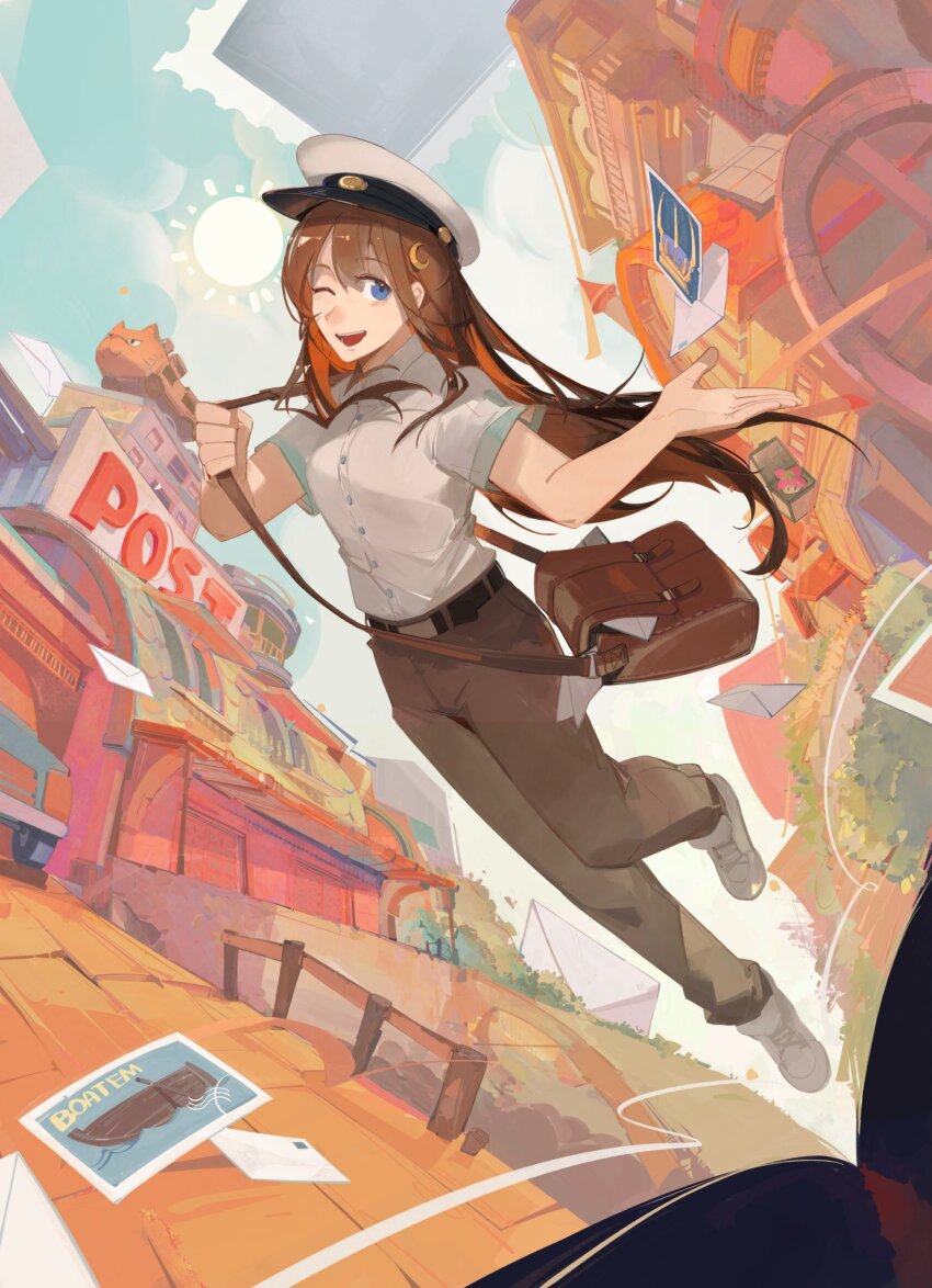 1girl, animification, bag, belt, blue_eyes, brown_hair, brown_pants, cameo, commentary, english_commentary, full_body, happy, hat, hermitcraft, hermitcraft_tcg, highres, in-universe_location, long_hair, messenger_bag, minecraft_youtube, nekobus, official_alternate_costume, official_art, one_eye_closed, open_mouth, outdoors, pants, pearlescentmoon, pearlescentmoon_(postmaster), post_office, sevenchi, shirt, shoulder_bag, smile, solo, tonari_no_totoro, white_shirt