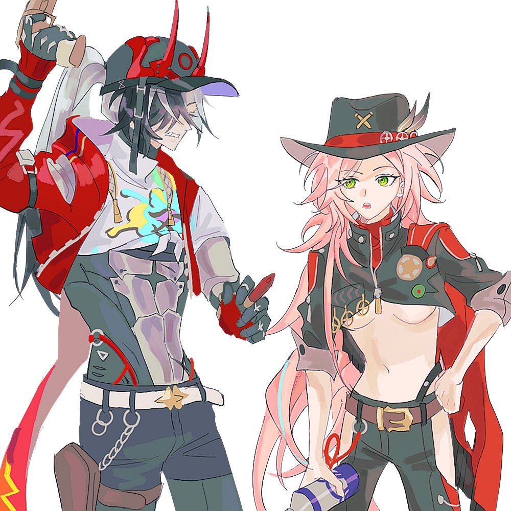 1boy, 1girl, arm_up, asymmetrical_sleeves, baseball_cap, bell, belt, black_hair, black_jacket, black_pants, boothill_(honkai:_star_rail), bottle, breasts, brown_belt, bullet, clenched_teeth, closed_eyes, clothing_cutout, collared_jacket, cowbell, crop_top, from_side, green_eyes, grey_hair, gun, hair_over_one_eye, hand_on_own_hip, hand_up, hat, high_ponytail, holding, holding_bottle, holding_bullet, holding_gun, holding_weapon, honkai:_star_rail, honkai_(series), jacket, jwisae232, korean_commentary, large_breasts, leg_cutout, long_hair, looking_to_the_side, mechanical_arms, multicolored_hair, navel, open_clothes, open_jacket, open_mouth, pants, partially_unzipped, pink_hair, ponytail, pouch, rappa_(honkai:_star_rail), red_jacket, sharp_teeth, simple_background, sleeves_rolled_up, standing, stomach, teeth, thigh_pouch, underboob, uneven_sleeves, wavy_hair, weapon, white_background, white_belt