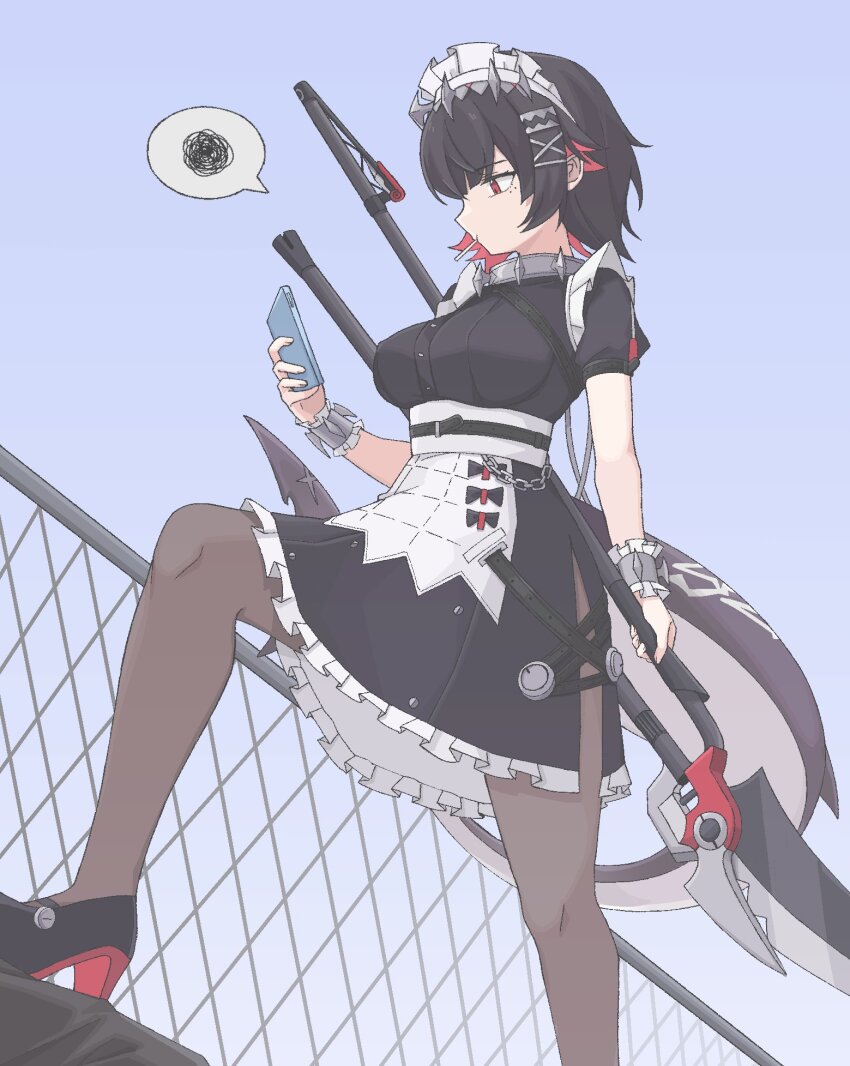 1girl, black_hair, blue_sky, breasts, cellphone, chain-link_fence, colored_inner_hair, day