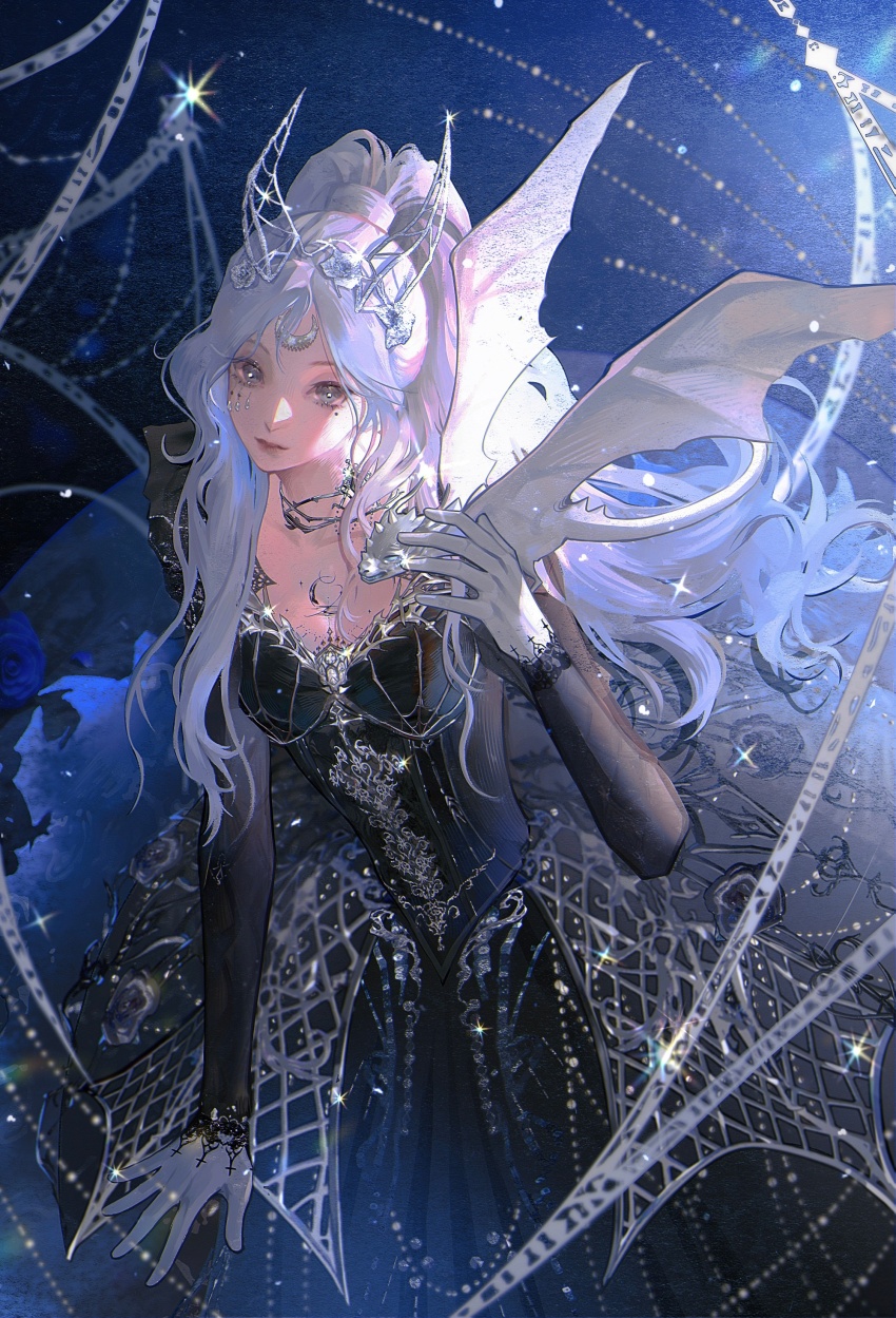 1girl, absurdres, black_dress, blue_background, breasts, creature_on_hand, demon_horns, dragon