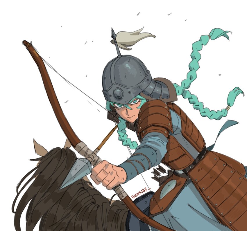 1girl, aiming, aiming_at_viewer, alternate_costume, ancient_mongolian_armor, aqua_eyes, aqua_hair, artist_name, bow_(weapon), bow_and_arrow_hold, braid, closed_mouth, commentary, english_commentary, floating_hair, genniax, hatsune_miku, helmet, highres, horse, looking_at_viewer, low_twin_braids, quiver, sketch, solo, twin_braids, vocaloid, weapon, white_background, worldwide_miku