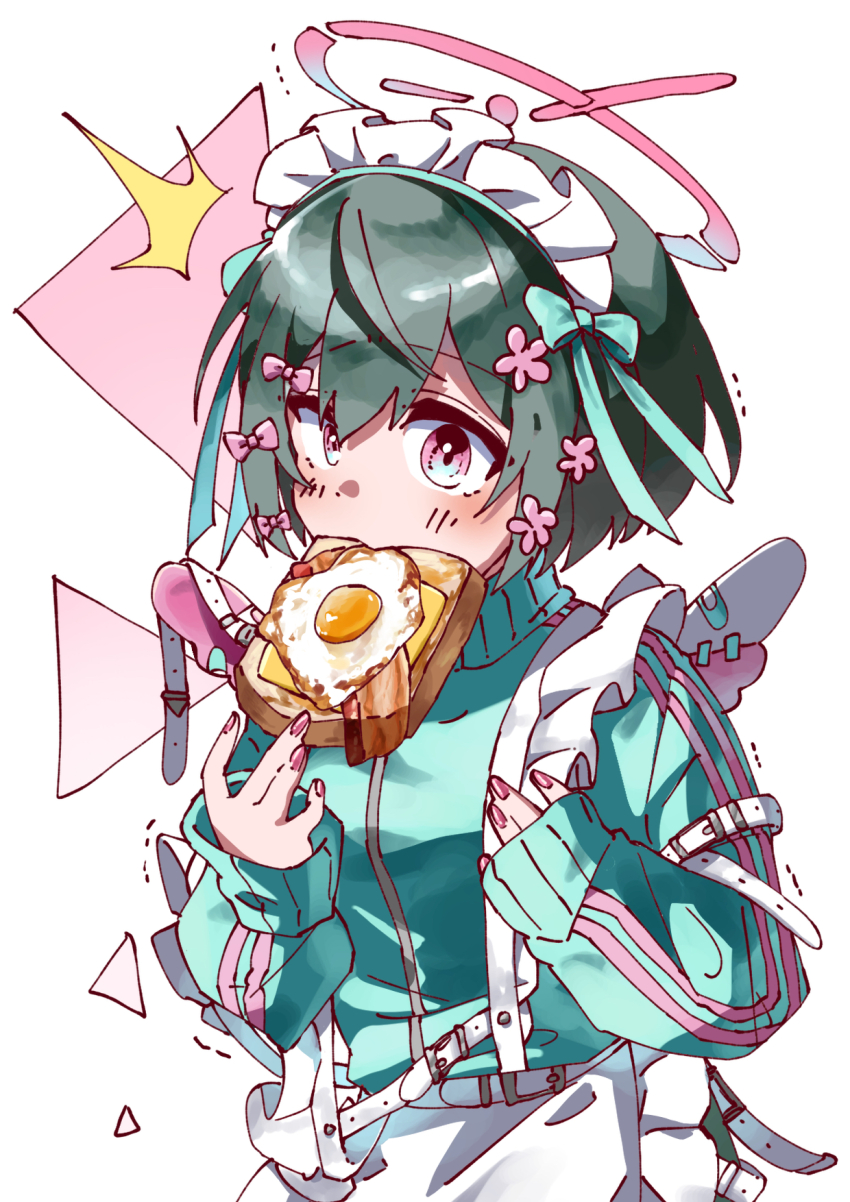 1girl, ^^^, alternate_costume, ankaketomato, apron, aqua_jacket, arm_belt, black_hair