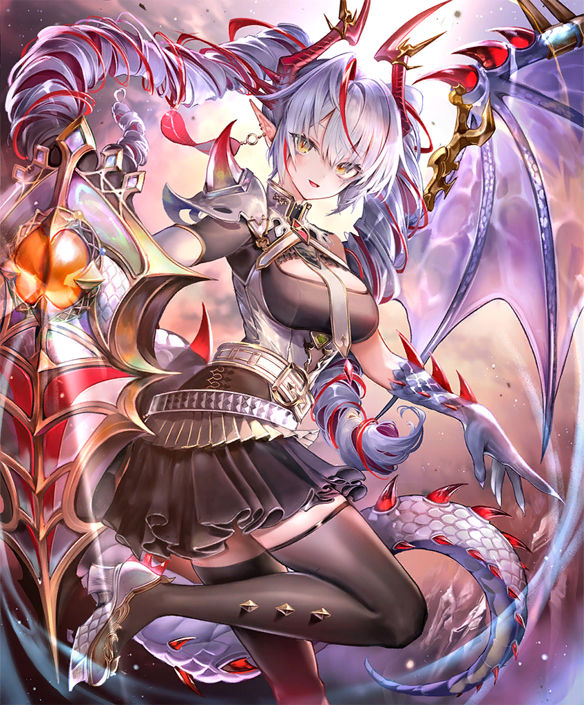 1girl, argente_(shadowverse), armor, belt, belt_buckle, black_skirt, blush, buckle, dragon_girl, dragon_horns, dragon_tail, dragon_wings, drill_hair, earrings, feather_earrings, feathers, fingernails, foot_out_of_frame, gem, grey_hair, hair_between_eyes, hair_intakes, high_heels, holding, holding_shield, horns, jewelry, kouyafu, long_hair, looking_at_viewer, miniskirt, monster_girl, multicolored_hair, official_art, open_mouth, parted_bangs, pleated_skirt, pointy_ears, red_hair, red_horns, scales, shadowverse, sharp_fingernails, shield, shoulder_armor, single_wing, skirt, slit_pupils, smile, solo, spikes, standing, tail, thighhighs, thighs, twin_drills, twintails, wings, yellow_eyes, zettai_ryouiki