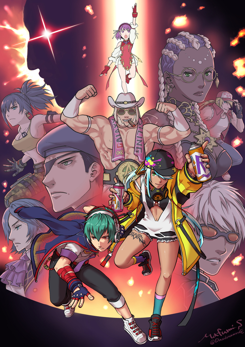 5boys, 5girls, antonov_(kof), asamiya_athena, bare_shoulders, baseball_cap, beret, black_footwear