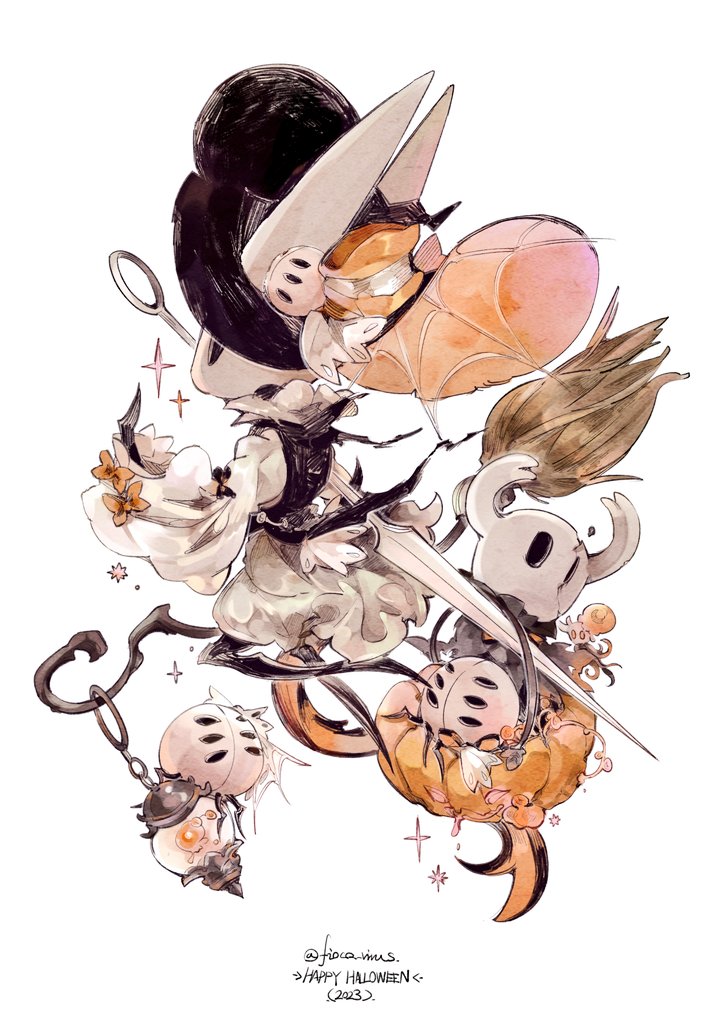 black_cloak, black_vest, bow, broken_vessel_(hollow_knight), broom, bug, cloak, crack