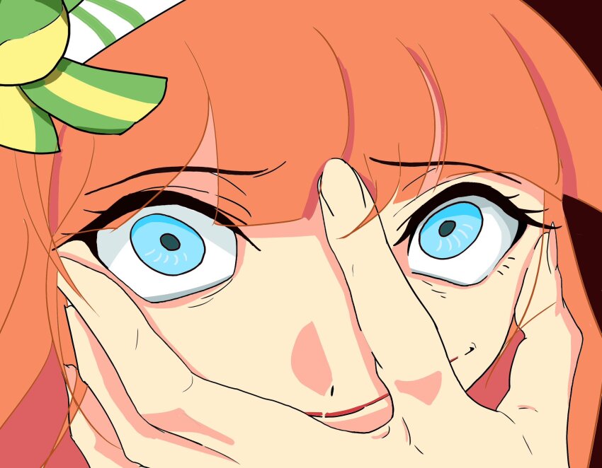 1girl, animal_ears, commentary_request, crazy_eyes, ear_covers, fox_janggun, hairband, highres, hime_cut, horse_ears, joke, korean_commentary, kouno_marika, kouno_marika's_silence_suzuka_drawing_(meme), kouno_marika_(artist)_(style), long_hair, looking_at_viewer, meme, orange_hair, silence_suzuka_(umamusume), simple_background, smile, solo, umamusume, umamusume:_party_dash, white_hairband