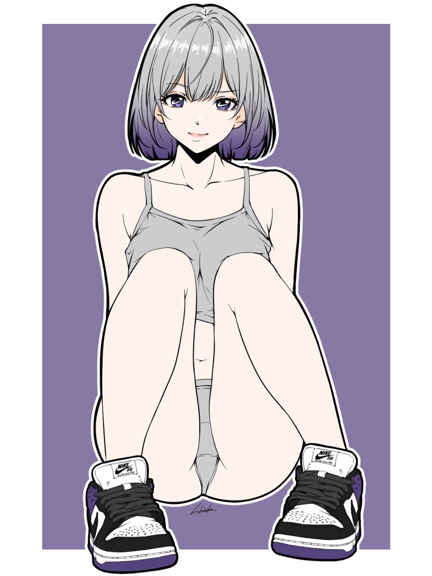 1girl, absurdres, bambi_surprise, border, breast_press, bright_pupils, camisole, closed_mouth