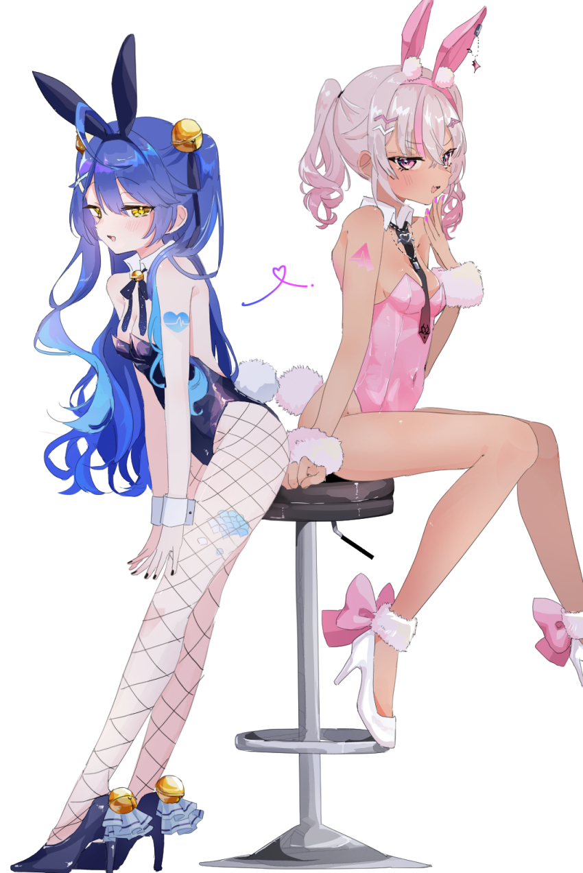 2girls, ahoge, amamiya_kokoro, animal_ears, arm_tattoo, bell, black_nails, blue_hair, blue_leotard, breasts, chair, dark-skinned_female, dark_skin, detached_collar, emi537469, fake_animal_ears, fake_tail, fang, fishnet_pantyhose, fishnets, fur_cuffs, grey_hair, hair_bell, hair_ornament, hand_on_own_face, high_heels, highres, jingle_bell, leotard, long_hair, matsukai_mao, multiple_girls, nijisanji, open_mouth, pantyhose, pink_leotard, playboy_bunny, purple_eyes, rabbit_ears, rabbit_tail, simple_background, sitting, small_breasts, smile, strapless, strapless_leotard, tail, tattoo, twintails, very_long_hair, virtual_youtuber, white_background, wrist_cuffs, x_hair_ornament, yellow_eyes
