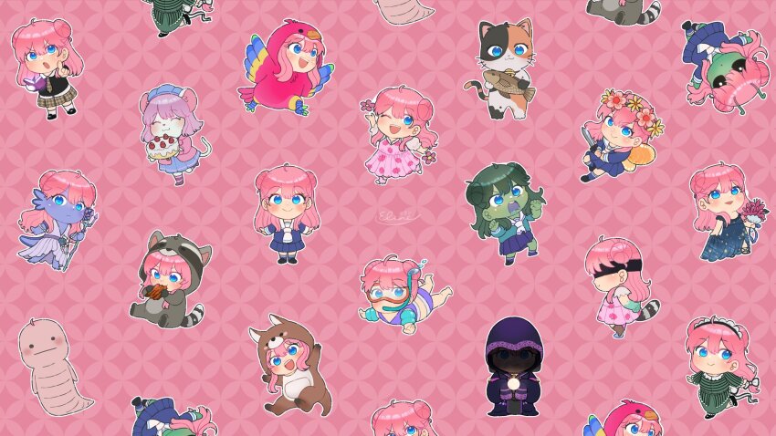 6+girls, :3, afterlife_smp, ahoge, alien, animal, animal_ears, animification, antennae, axolotl_ears, axolotl_girl, axolotl_tail, bikini, bird_costume, bird_tail, blindfold, blue_dress, blue_eyes, blue_hat, blue_serafuku, blush, book, cake, calico_(pattern), cardigan, cat_ears, cat_girl, cat_tail, character_request, chibi, chibi_only, cloak, closed_eyes, colored_skin, commentary, copyright_request, cosplay, double_bun, dress, eating, elineyuhu, empires_smp, enchantment_(minecraft), english_commentary, fairy_wings, fake_animal_ears, fake_tail, fish, flower, food, fruit, full_body, furry, furry_female, green_skin, hair_bun, hat, head_wreath, highres, holding, holding_animal, holding_book, holding_cake, holding_fish, holding_food, holding_sword, holding_weapon, hood, hood_up, kangaroo_costume, kangaroo_ears, kangaroo_tail, kigurumi, ldshadowlady, ldshadowlady_(animalia), ldshadowlady_(birb), ldshadowlady_(crawler), ldshadowlady_(enigma), ldshadowlady_(floran), ldshadowlady_(goolien), ldshadowlady_(kangaroo), ldshadowlady_(ocean_queen), ldshadowlady_(phantom), ldshadowlady_(raccoon), ldshadowlady_(zombie), long_hair, looking_at_viewer, minecraft, minecraft_youtube, monster_girl, mouse_ears, mouse_girl, mouse_tail, multiple_girls, multiple_persona, necktie, one_eye_closed, open_mouth, orb, patterned_background, pink_cardigan, pink_dress, pink_hair, pointing, purple_bikini, purple_skin, raccoon_costume, raccoon_ears, raccoon_tail, rats_smp, rotten_flesh, school_uniform, scuba_gear, serafuku, standing, strawberry, swimsuit, sword, tail, victorian, watermark, weapon, wings, worm, zombie