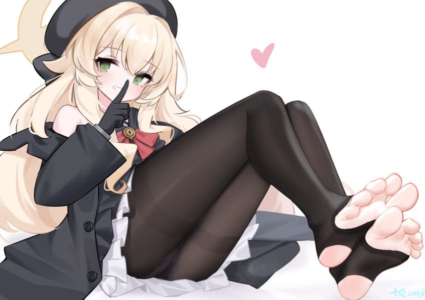 :d, artist_name, bare_shoulders, black_gloves, black_jacket, blonde_hair, blue_archive, blush