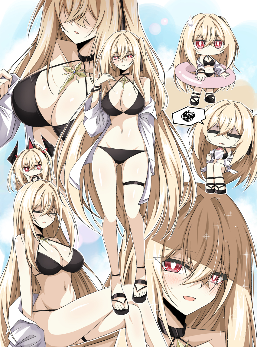 1girl, :d, absurdres, alternate_costume, alternate_hairstyle, bare_shoulders, bikini, black_bikini