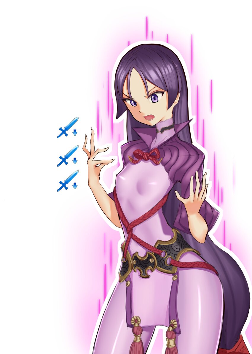 1girl, absurdres, alternate_breast_size_(smaller), breasts, cloud_alter, fate/grand_order, fate_(series), gameplay_mechanics, highres, long_hair, low-tied_long_hair, minamoto_no_raikou_(fate), open_mouth, parted_bangs, purple_eyes, purple_hair, simple_background, skin_tight, small_breasts, solo, thighs, very_long_hair, white_background