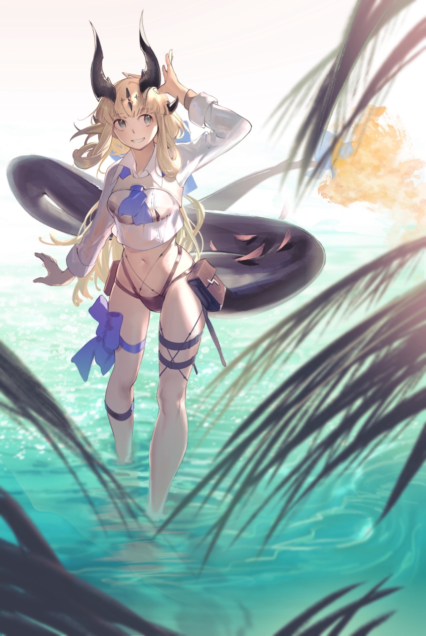 1girl, :d, absurdres, aqua_eyes, arknights, arm_up, beach, bikini, black_bikini, black_horns, blonde_hair, bow, commentary_request, crop_top, cropped_shirt, day, fire, flame-tipped_tail, full_body, grin, highres, horns, long_hair, long_sleeves, looking_up, navel, ocean, official_alternate_costume, open_mouth, outdoors, pouch, purple_bow, reed_(arknights), reed_the_flame_shadow_(arknights), reed_the_flame_shadow_(summer_flower)_(arknights), shirt, smile, solo, standing, swimsuit, tail, thigh_bow, thigh_strap, tsubomi_haku, wading, water, white_shirt