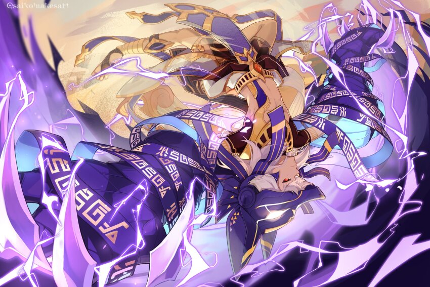 1boy, ancient_egyptian, animal_ears, animal_hat, arabian_clothes, bishounen, closed_mouth, commentary, cyno_(genshin_impact), dark-skinned_male, dark_skin, english_commentary, gem, genshin_impact, hat, highres, jackal_ears, jewelry, looking_at_viewer, male_focus, red_eyes, saikomakesart, solo, usekh_collar, white_hair