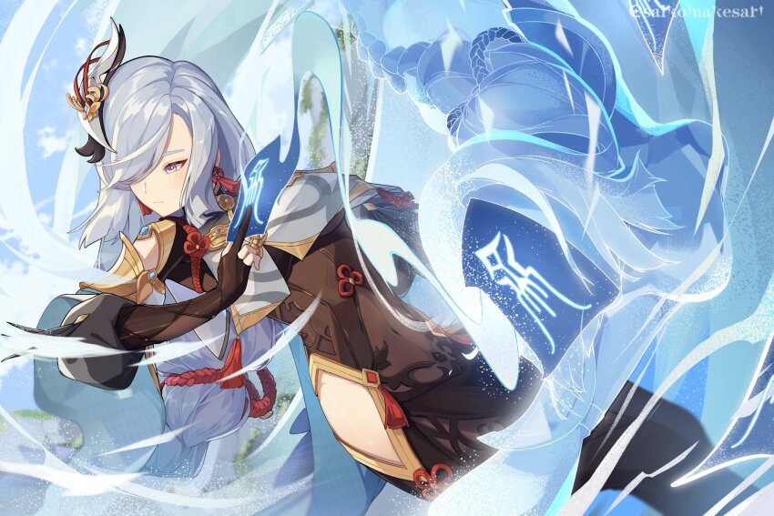 1girl, black_gloves, bodysuit, braid, breasts, clothing_cutout, commentary, earrings, elbow_gloves, english_commentary, genshin_impact, gloves, hair_ornament, hair_over_one_eye, highres, jewelry, long_hair, low-braided_long_hair, low-tied_long_hair, saikomakesart, shenhe_(genshin_impact), solo, tassel, thigh_cutout, very_long_hair, white_hair