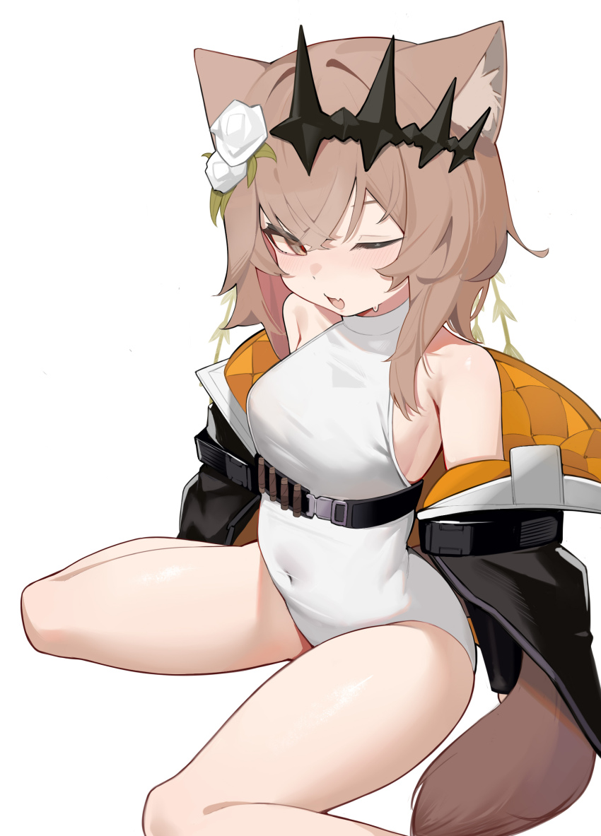 1girl, absurdres, animal_ears, arknights, bare_shoulders, black_jacket, breasts, brown_eyes, brown_hair, brown_tail, chinese_commentary, commentary_request, covered_navel, crossed_bangs, flower, hair_between_eyes, hair_flower, hair_ornament, hei_tudou, highres, jacket, leotard, medium_breasts, medium_hair, off_shoulder, one_eye_closed, open_mouth, orange_jacket, simple_background, sitting, skin_tight, sleeveless, solo, sweatdrop, tail, two-sided_fabric, two-sided_jacket, vendela_(arknights), white_background, white_flower, white_leotard