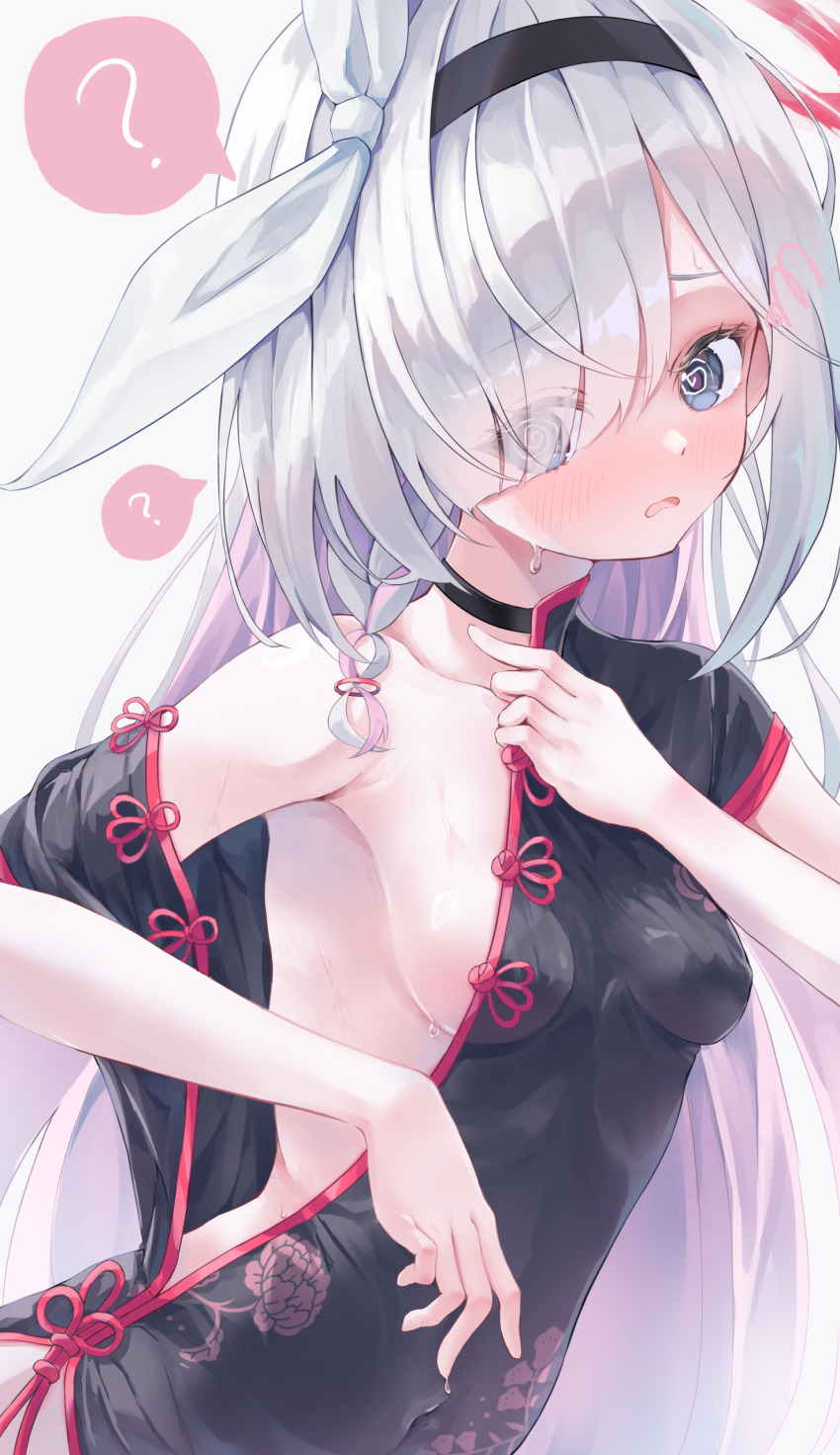 1girl, ?, @_@, absurdres, armpits, black_choker, black_dress, blue_archive, blush, braid, breasts, china_dress, chinese_clothes, choker, commentary_request, dress, eyes_visible_through_hair, grey_hair, hair_ribbon, halo, highres, loli, long_hair, open_mouth, plana_(blue_archive), re_inverse, red_halo, ribbon, sideboob, single_braid, small_breasts, solo, spoken_question_mark, white_background