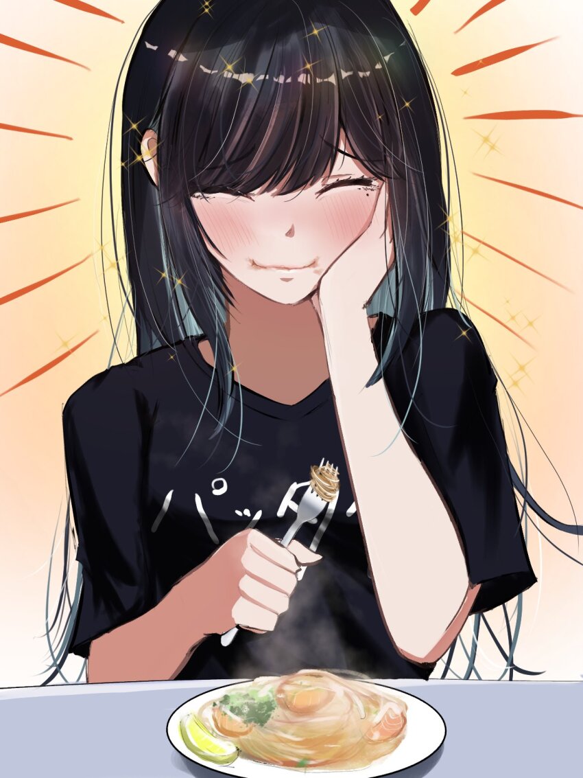 1girl, ado_(utaite), black_hair, black_shirt, blue_hair, blush, chando_(ado), closed_mouth