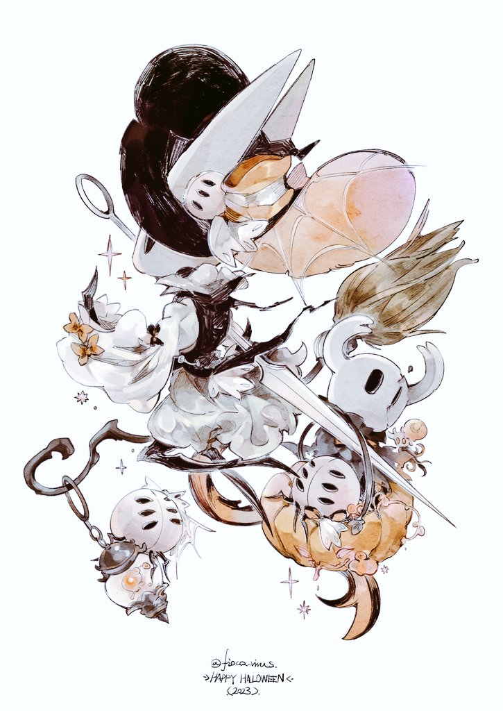 black_cloak, black_vest, bow, broken_vessel_(hollow_knight), broom, bug, cloak, crack