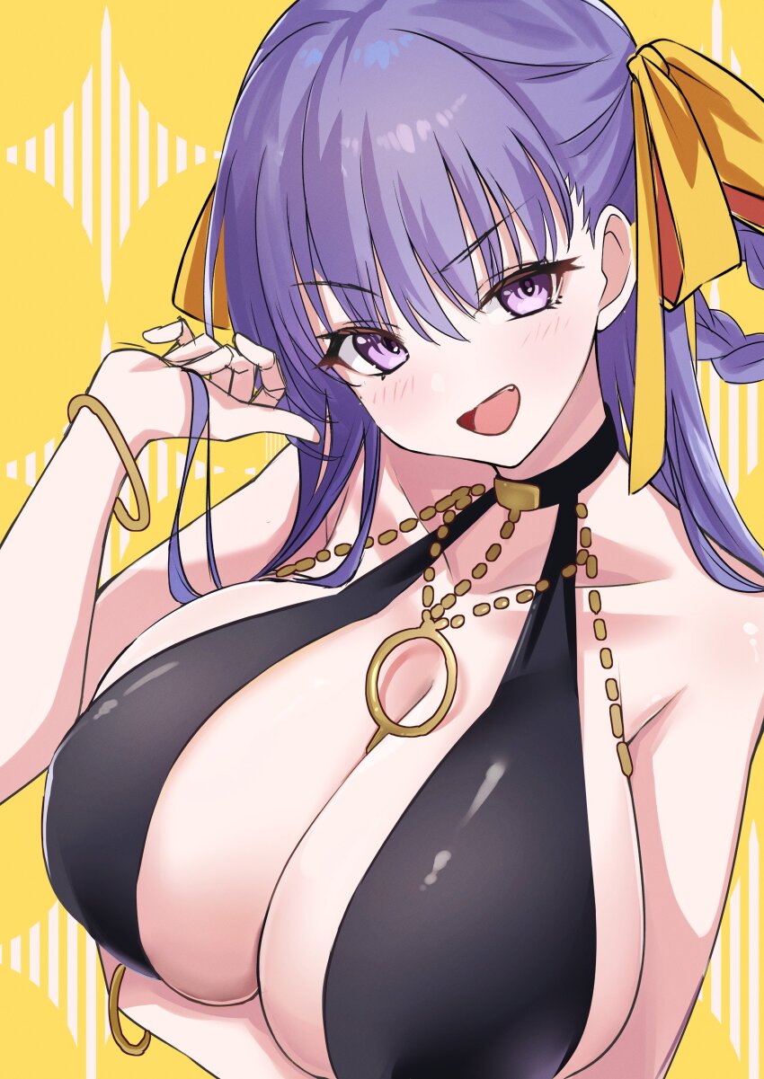 1girl, absurdres, arm_under_breasts, bangle, bb_dubai_(fate), between_breasts, black_dress, bracelet