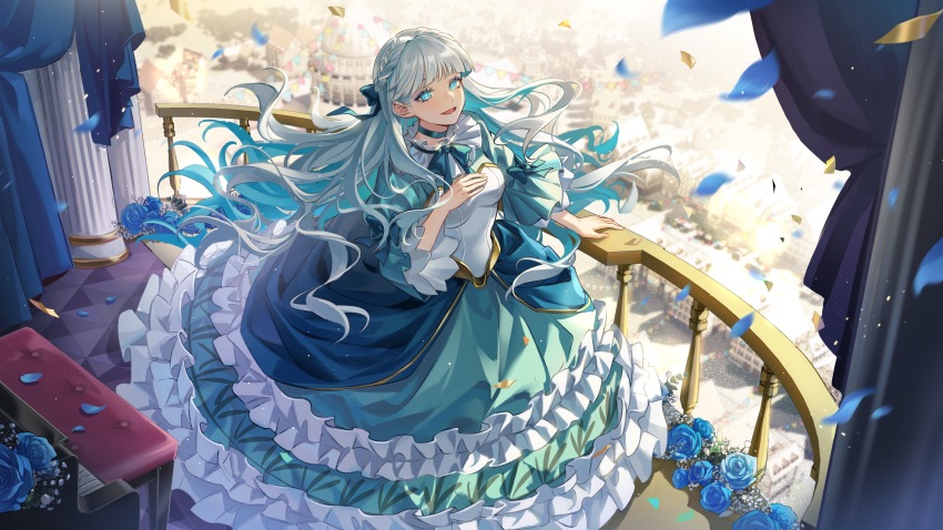 1girl, :d, absurdres, aqua_eyes, balcony, blue_bow, blue_bowtie, blue_choker