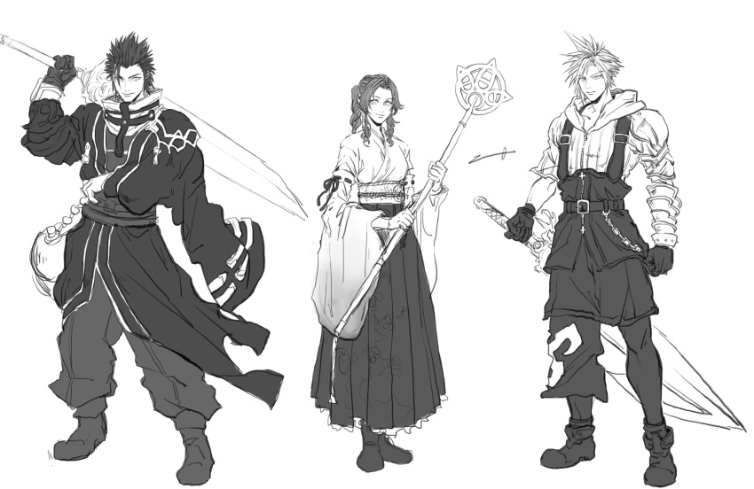 1girl, 2boys, aerith_gainsborough, armor, asymmetrical_armor, auron, auron_(cosplay), black_hair, black_overalls, boots, braid, braided_ponytail, breasts, cloud_strife, cosplay, detached_sleeves, final_fantasy, final_fantasy_vii, final_fantasy_vii_rebirth, final_fantasy_vii_remake, final_fantasy_x, full_body, gloves, greyscale, hair_slicked_back, highres, holding, holding_staff, holding_sword, holding_weapon, hood, hooded_jacket, jacket, japanese_clothes, jug_(bottle), long_skirt, medium_breasts, monochrome, multiple_boys, nontraditional_miko, obi, overalls, parted_bangs, pleated_skirt, sash, short_hair, shoulder_armor, sidelocks, single_braid, skirt, spiked_hair, staff, standing, sternffbevw, sword, tidus, tidus_(cosplay), weapon, white_background, wide_sleeves, yuna_(ff10), yuna_(ff10)_(cosplay), zack_fair