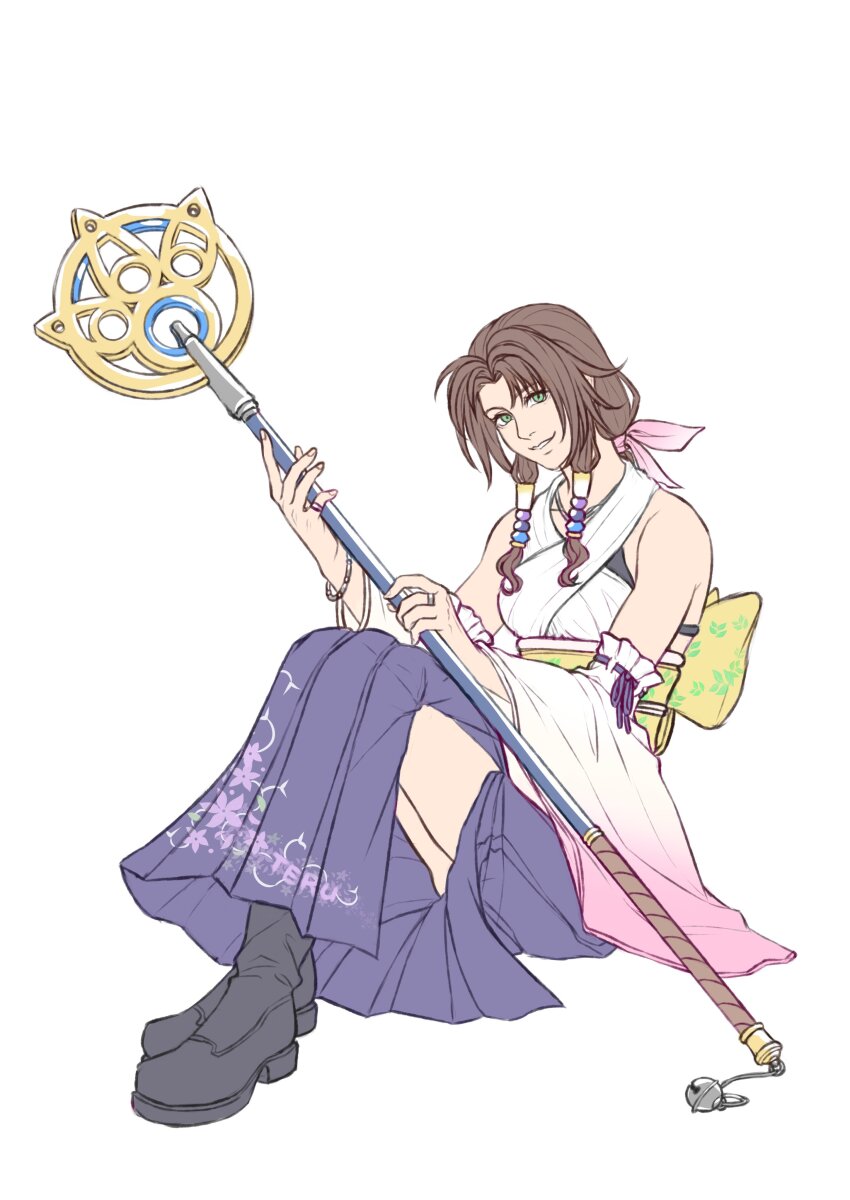 1girl, absurdres, aerith_gainsborough, aterumichino, back_bow, bare_shoulders, bead_bracelet, beads