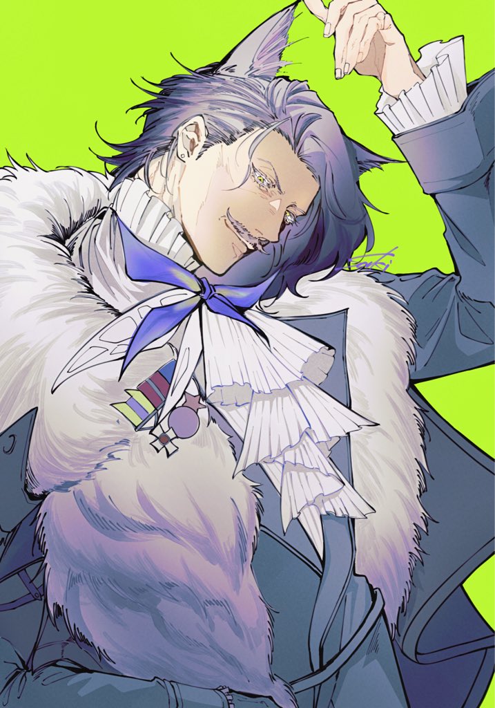 1boy, animal_ears, arknights, arm_up, ascot, black_coat, blue_bow, blue_bowtie