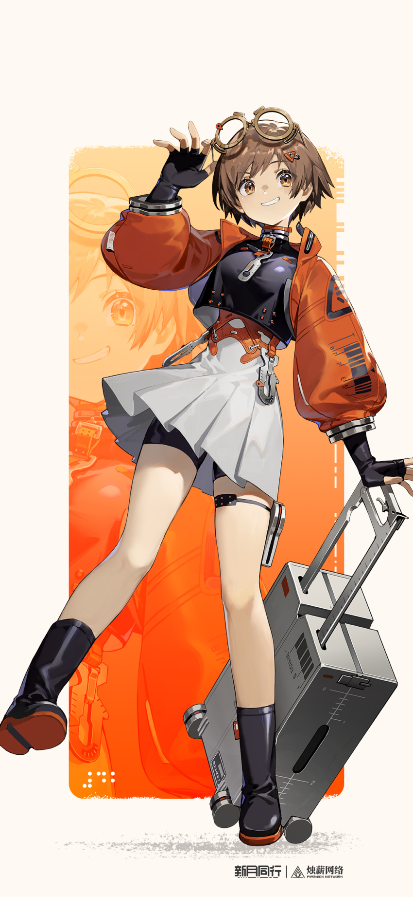 1girl, adjusting_eyewear, bike_shorts, black_boots, black_gloves, black_shirt, black_shorts, boots