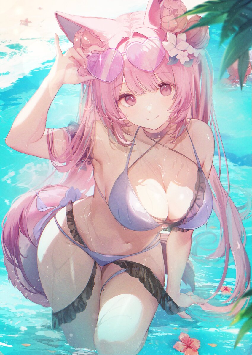 1girl, absurdres, adjusting_eyewear, animal_ears, arm_at_side, arm_garter, arm_up, bare_shoulders, beach, bikini, blurry, breasts, cleavage, commentary, day, depth_of_field, dot_nose, double_bun, english_commentary, flower, frilled_bikini, frills, hair_bun, hair_flower, hair_ornament, highres, inksie_(vtuber), kagefumi, large_breasts, leaning_forward, legs_together, long_hair, looking_at_viewer, navel, original, pink_eyes, pink_hair, pinky_out, purple_bikini, red_flower, sand, smile, solo, standing, standing_on_one_leg, starfish, straight_hair, swimsuit, tail, wading, water, wet, white_flower, wolf_ears, wolf_girl, wolf_tail