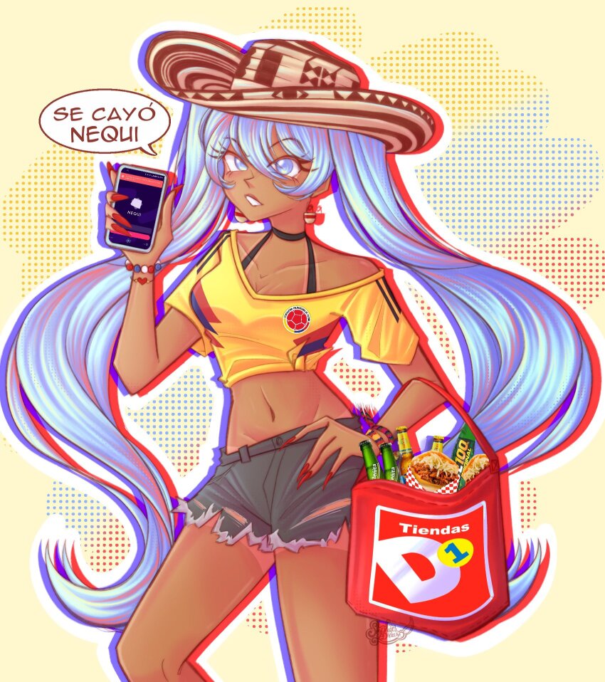 1girl, beer_bottle, blue_eyes, blue_hair, bra_strap, cellphone, colombia, colombian_flag, colombian_hat, colombian_miku, dark-skinned_female, dark_skin, denim, denim_shorts, fake_nails, food, hand_on_own_hip, hat, hatsune_miku, highres, holding, holding_phone, navel, off_shoulder, outline, phone, product_placement, red_bag, red_nails, shorts, smartphone, sophiiedraws, spanish_text, tan, tanline, torn_clothes, torn_shorts, vocaloid, worldwide_miku