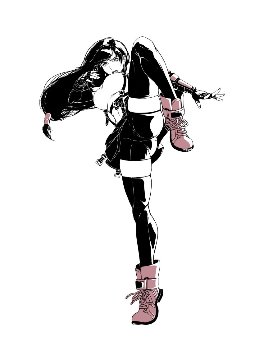 1girl, ass, aterumichino, bare_shoulders, bike_shorts, black_bra, black_gloves, black_hair