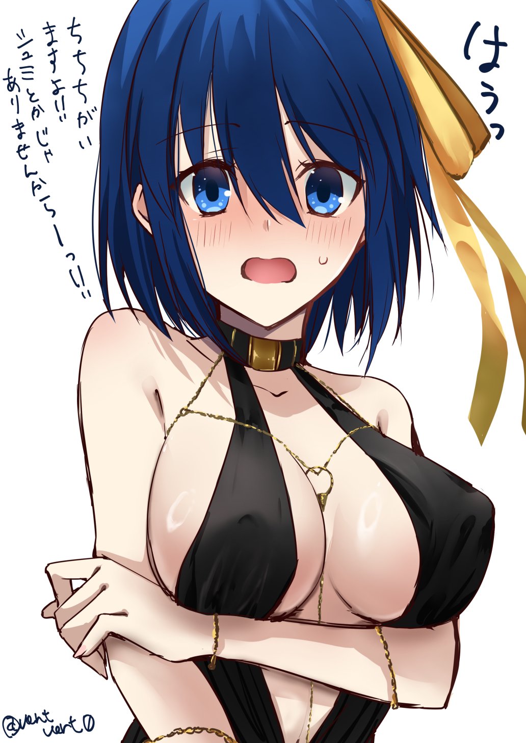1girl, bare_shoulders, bb_dubai_(fate), bb_dubai_(fate)_(cosplay), black_dress, blue_eyes, blue_hair, breasts