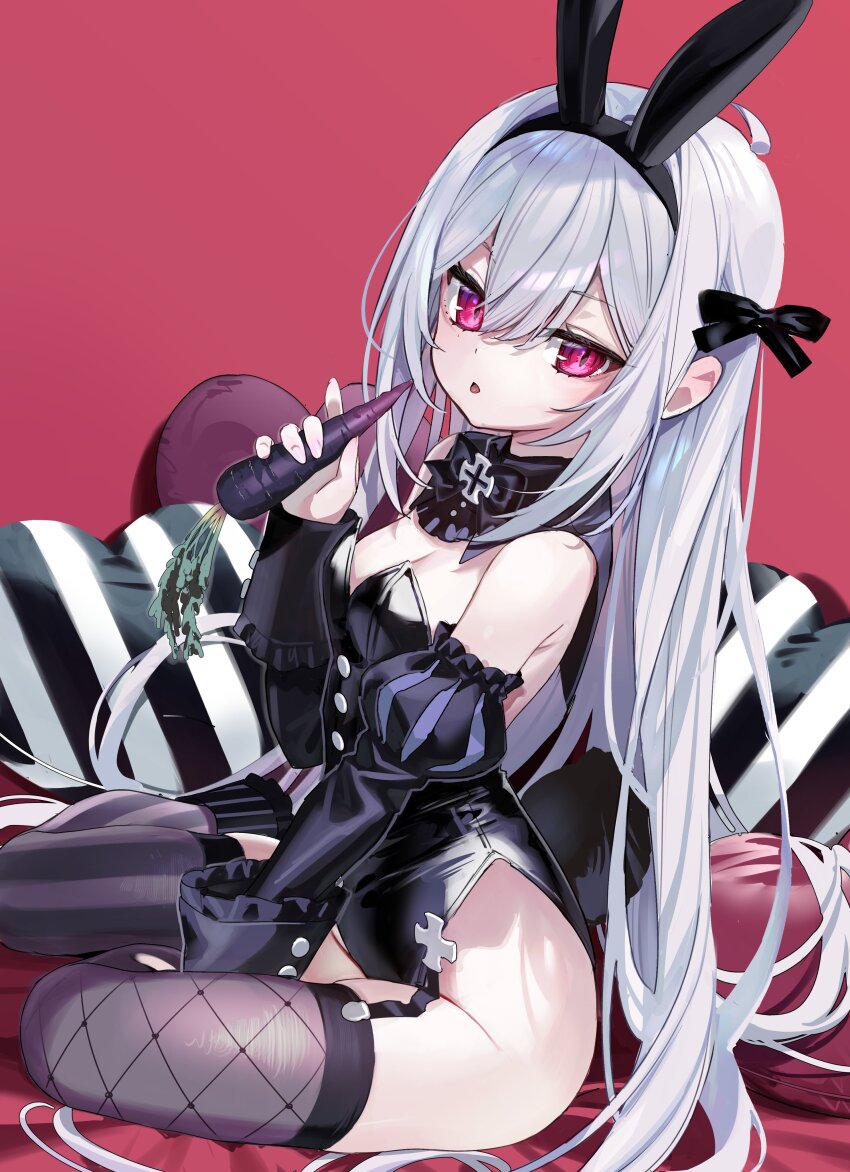 1girl, :o, absurdres, animal_ears, asymmetrical_legwear, black_hairband, black_leotard, black_ribbon