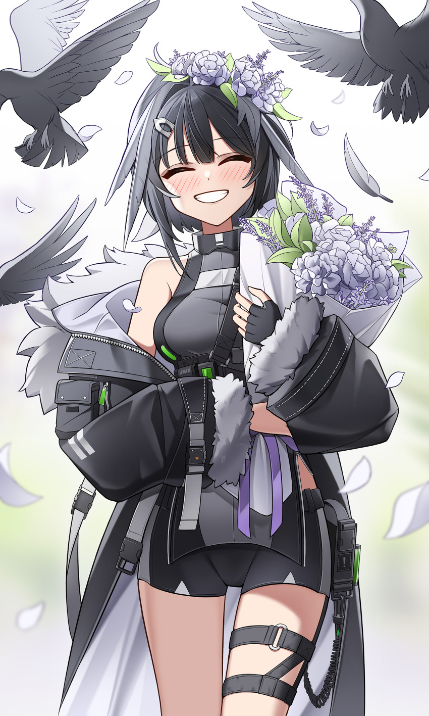 1girl, :d, ^_^, absurdres, animal, arknights, bare_shoulders, bird, black_coat, black_gloves, black_hair, black_jacket, black_shorts, blush, bouquet, closed_eyes, coat, commentary, cowboy_shot, dated_commentary, facing_viewer, feathers, fingerless_gloves, flower, fur-trimmed_coat, fur-trimmed_sleeves, fur_trim, gloves, grey_bird, grey_flower, grey_rose, grin, hair_flower, hair_ornament, hairclip, happy, highres, jacket, la_pluma_(arknights), long_coat, long_sleeves, off_shoulder, open_mouth, pigeon, powzin76, ribbon-trimmed_sleeves, ribbon_trim, rose, short_hair, shorts, single_glove, sleeveless, sleeveless_jacket, smile, solo, standing, strap, thigh_strap, unzipped, zipper