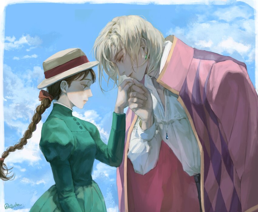 1boy, 1girl, blonde_hair, blue_gem, border, bow, braid, breasts