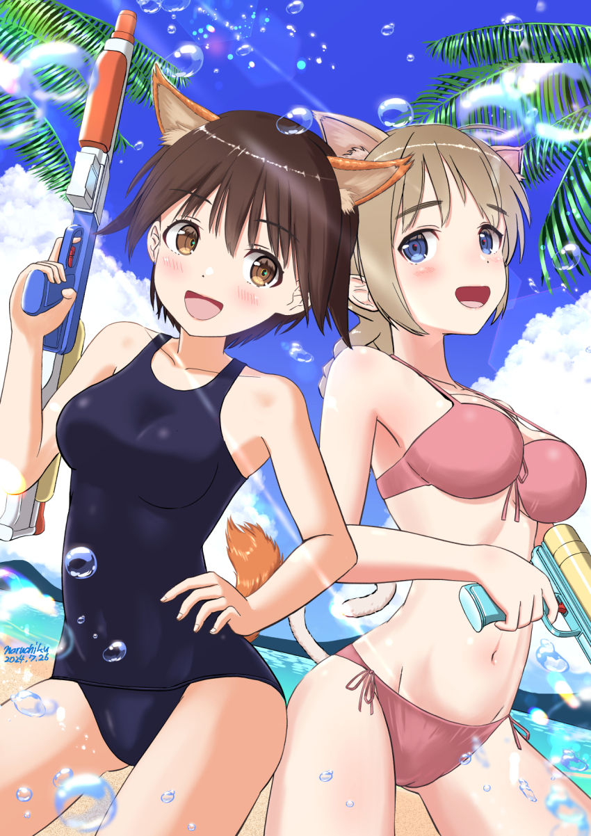 2girls, animal_ears, beach, bikini, blue_eyes, blue_one-piece_swimsuit, blush, braid
