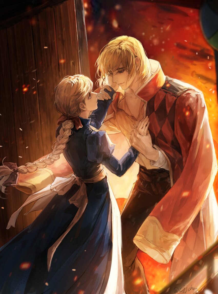 1boy, 1girl, apron, black_pants, blonde_hair, blue_dress, bow, braid